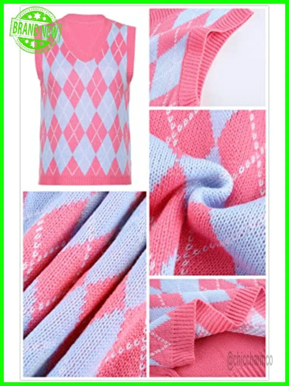 Womens V Neck Knit Sweater Vest Argyle Plaid Preppy Sleeveless Crop Tank